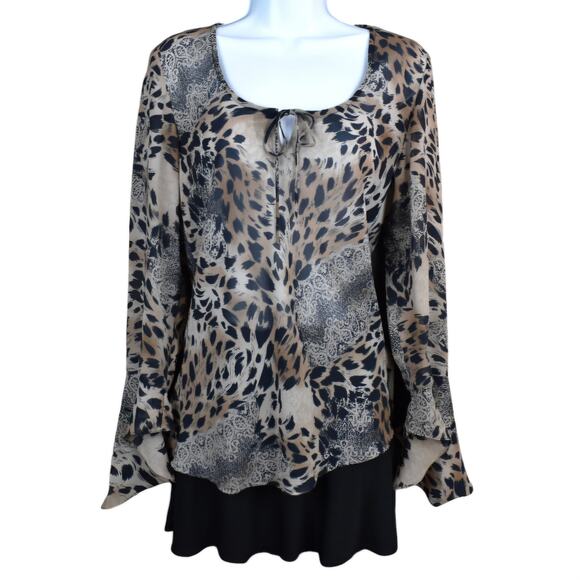 Y2K vintage sheer leopard print long sleeve ruffle blouse shirt top small flowy - Picture 1 of 8